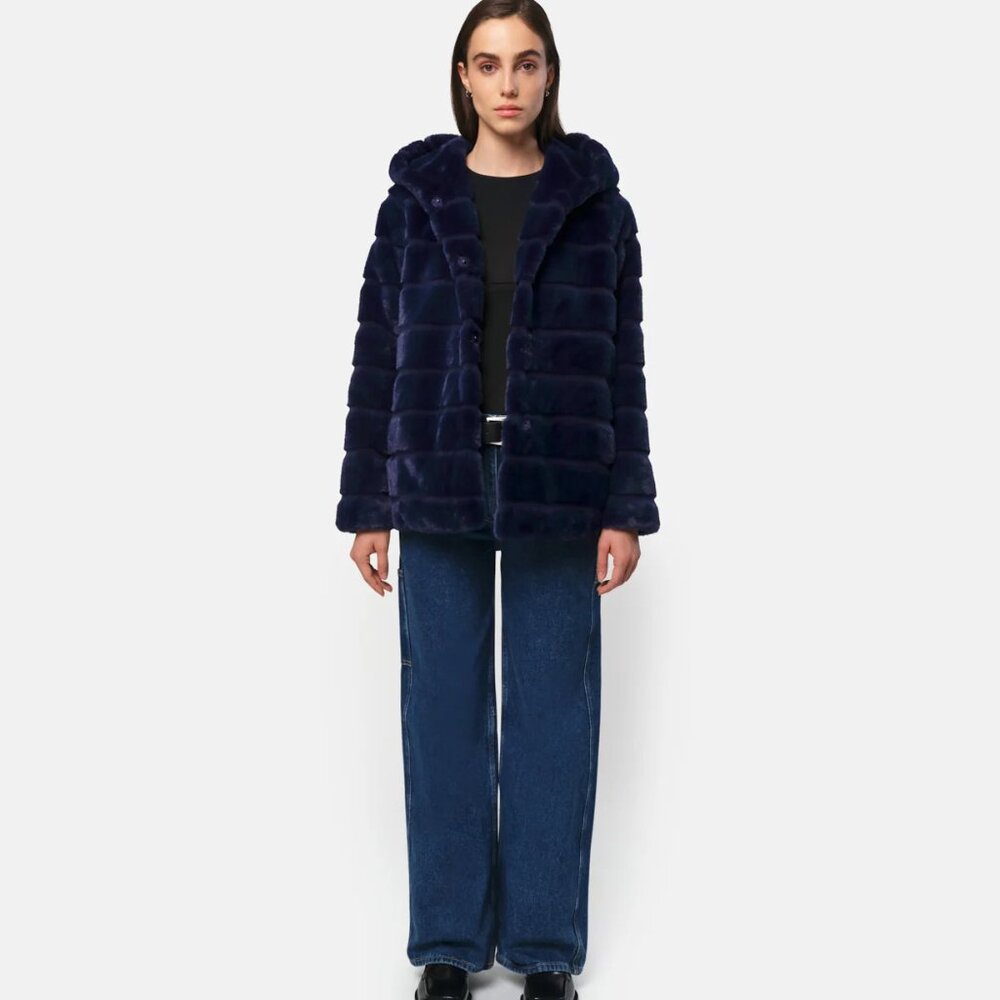 Apparis Goldie Navy Blue Faux Fur Hooded Jacket